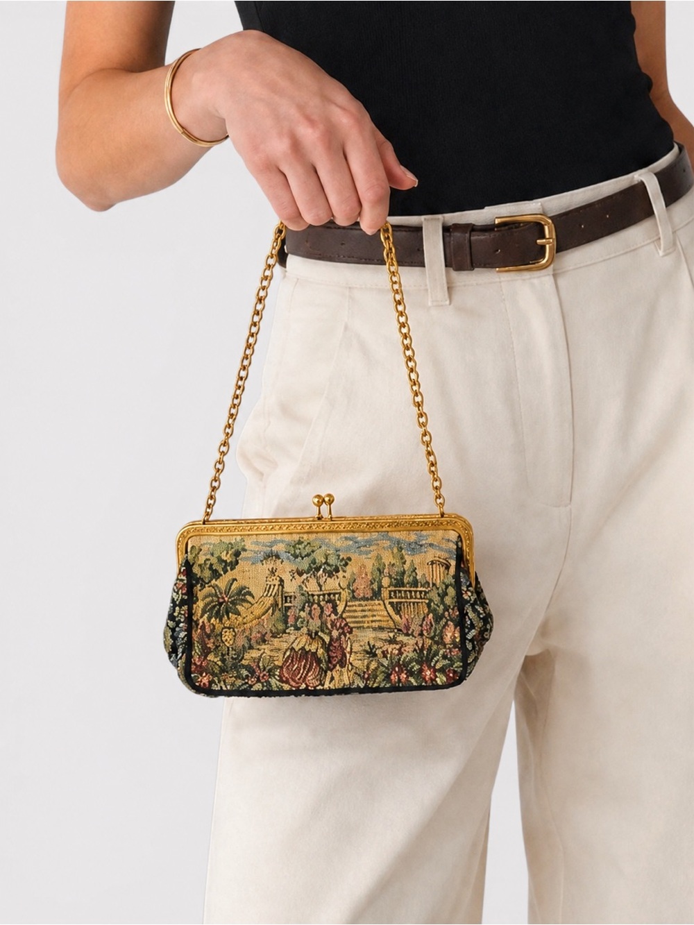 La Marquise Vintage Floral Tapestry Evening Bag With Gold Chain